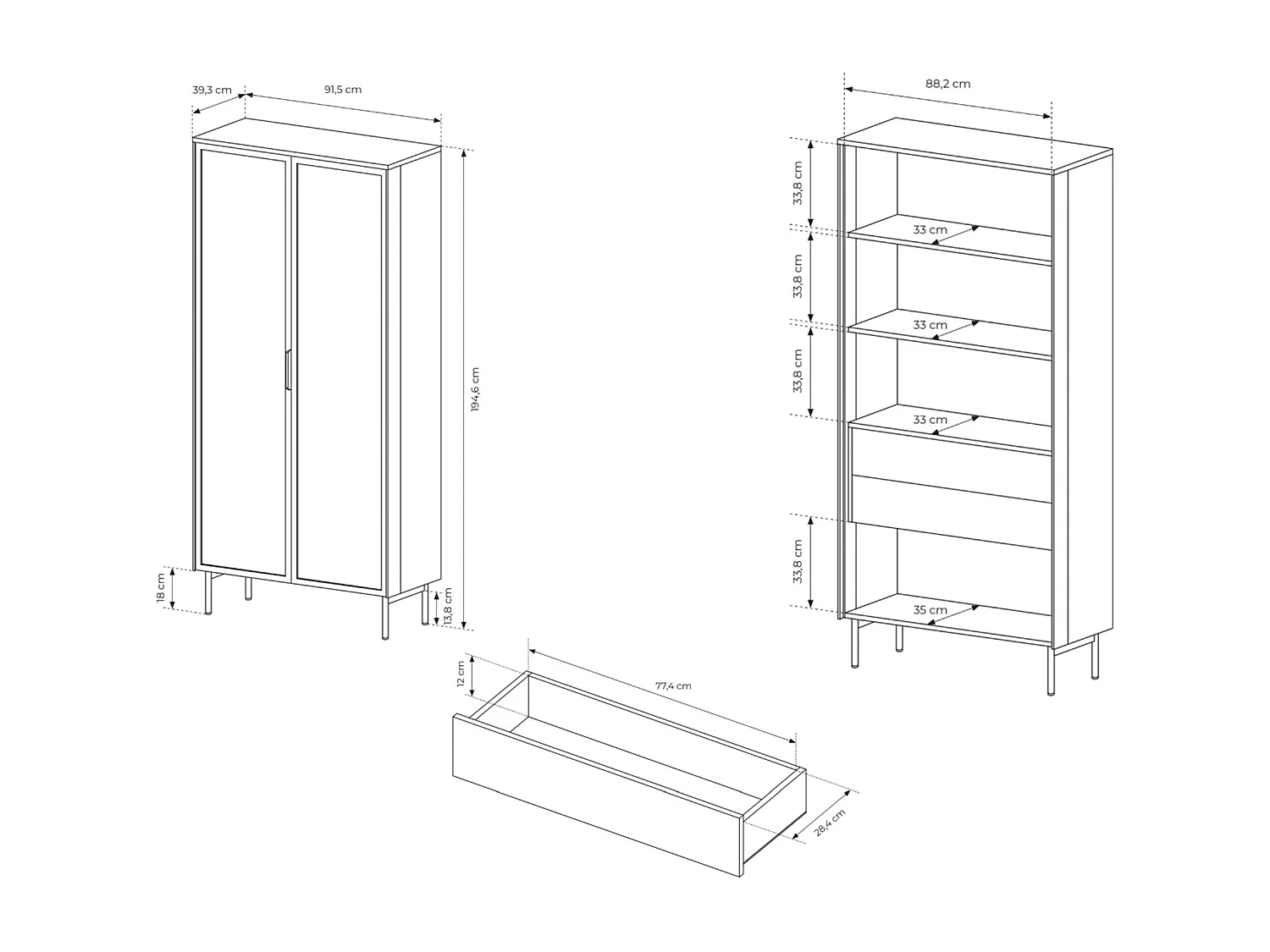 Vitrine 2 tiroirs avec LED – 91 cm – chêne Dunin – SELSEY LUMI