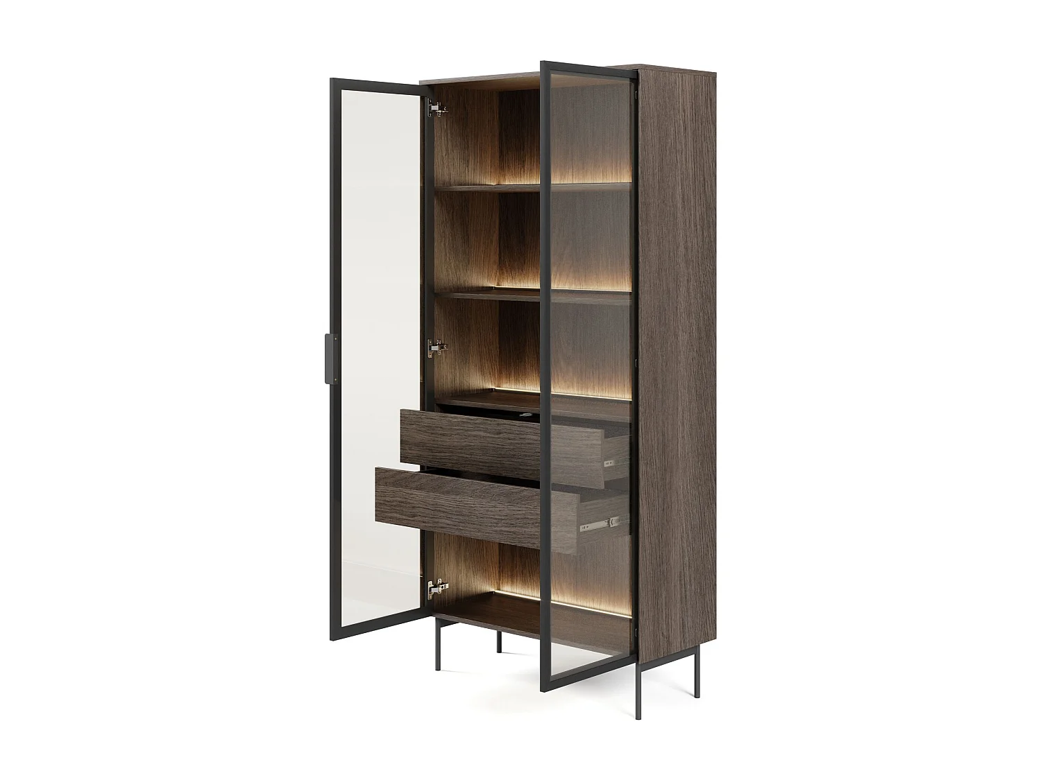 Vitrine 2 tiroirs avec LED – 91 cm – chêne Dunin – SELSEY LUMI