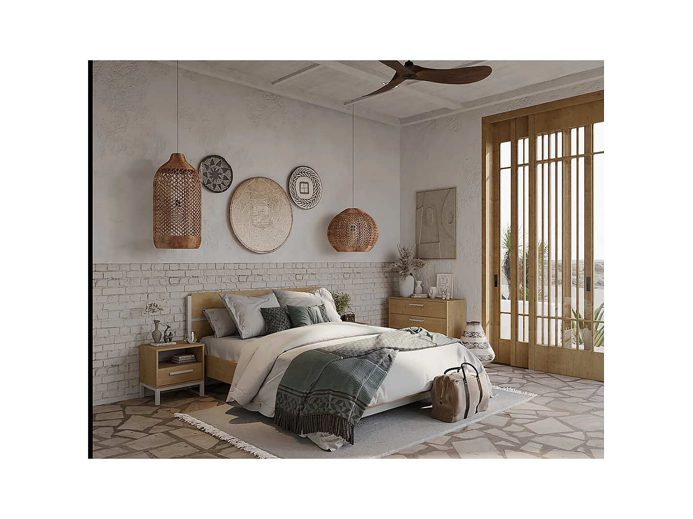 Lit Double "Craft" extractible - Bois - 140 x 200 cm - Marron