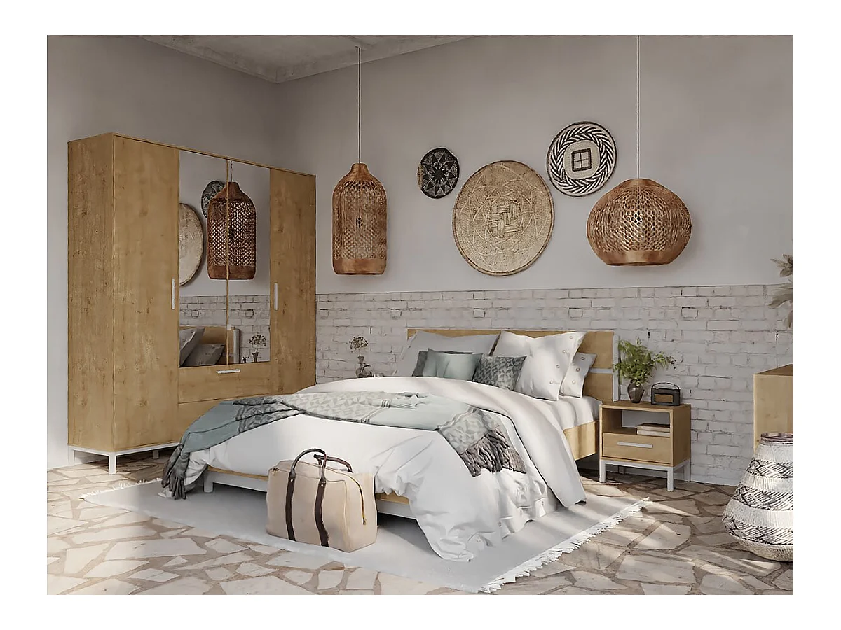 Cama de Casal "Craft" Marrom/Branco 160 x 200 cm - Design Moderno em Madeira Maciça Laqueada Branca
