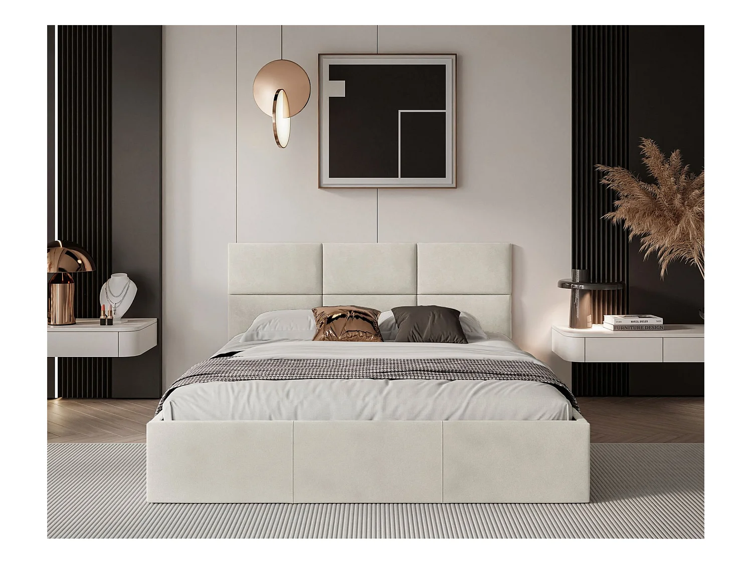 Lit coffre - 140x200 cm - en tissu velours crème - NESTIO