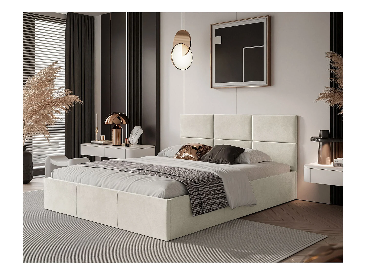 Lit coffre - 140x200 cm - en tissu velours crème - NESTIO