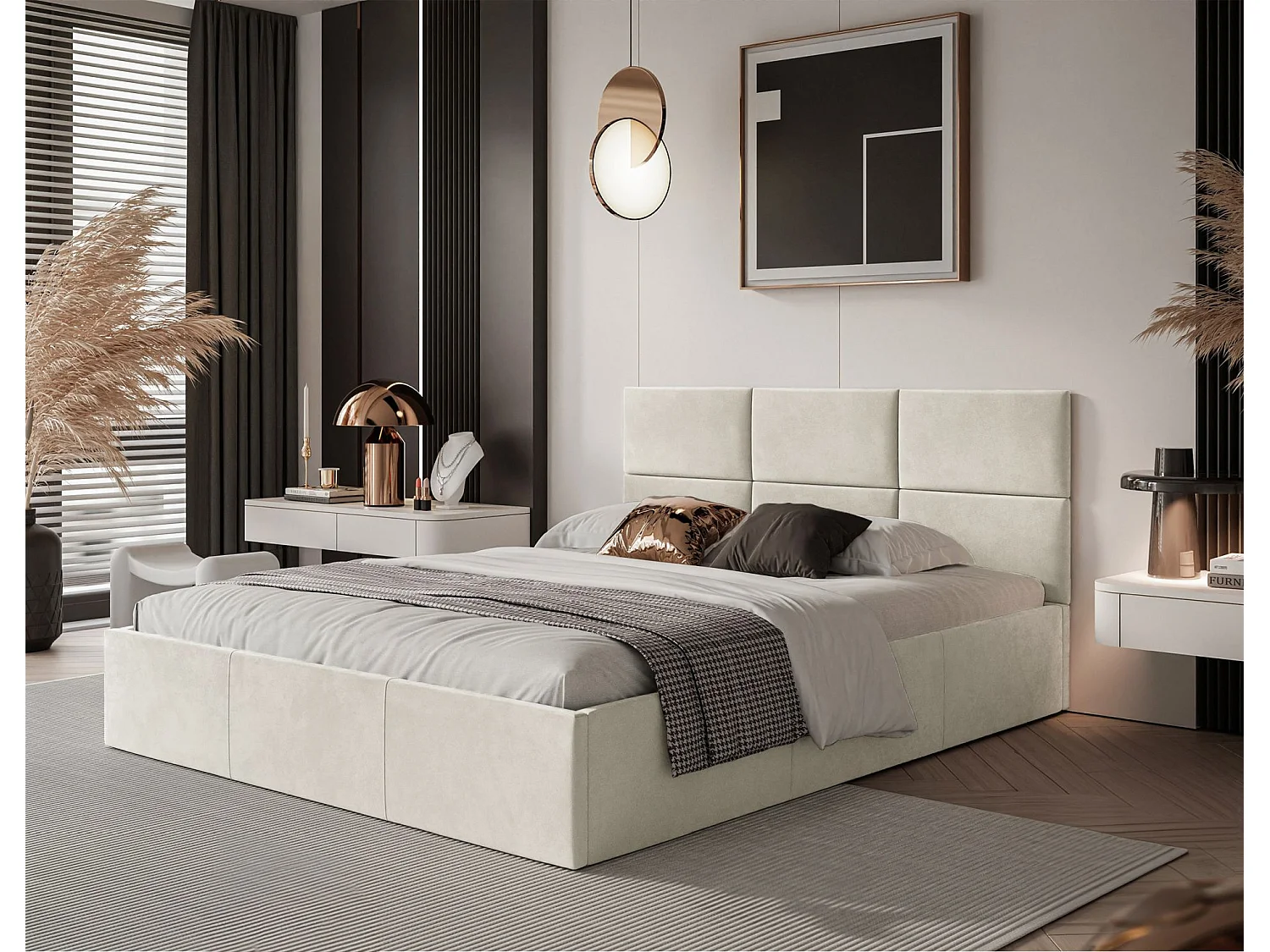 Lit coffre - 140x200 cm - en tissu velours crème - NESTIO