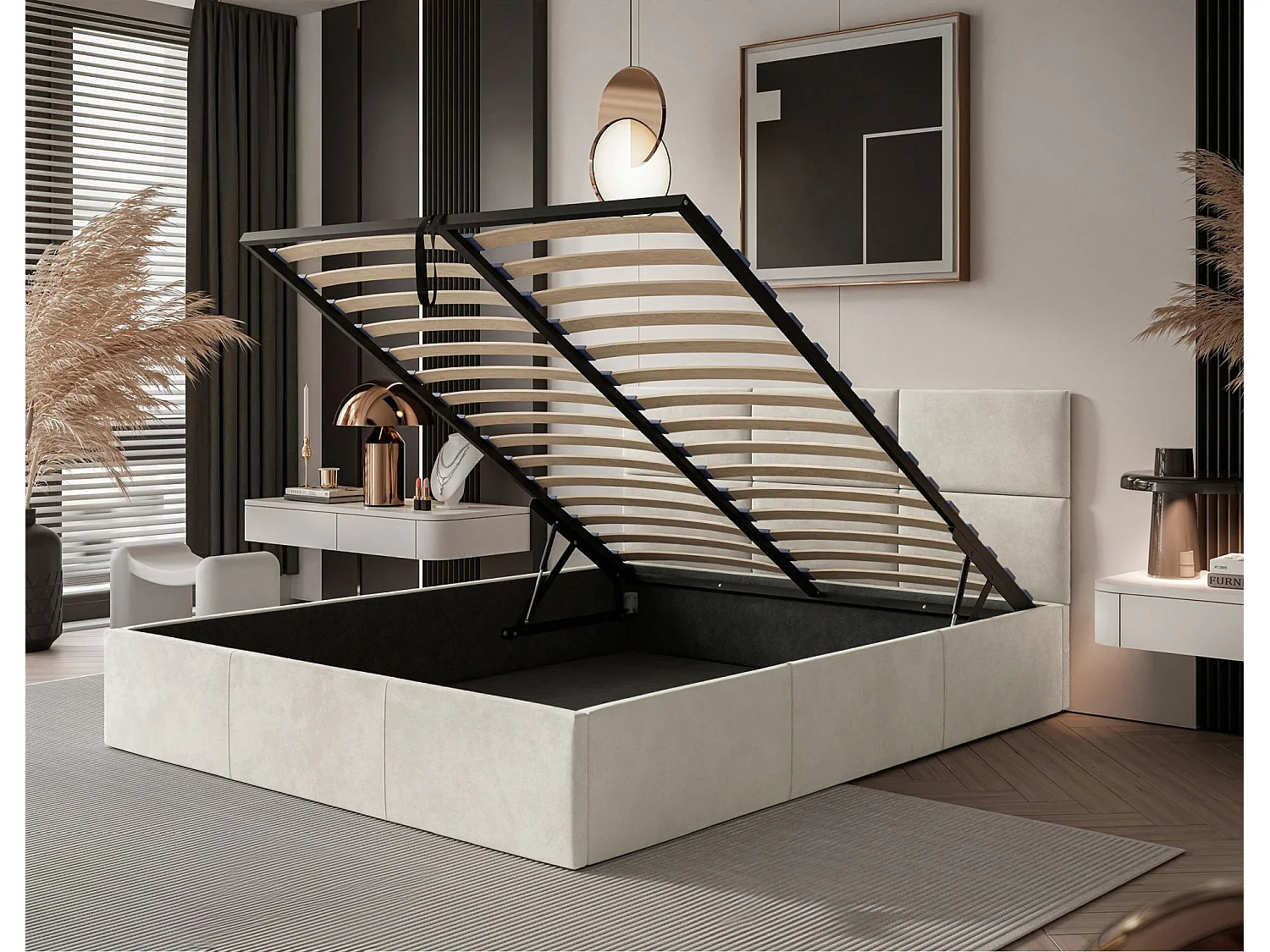 Lit coffre - 140x200 cm - en tissu velours crème - NESTIO