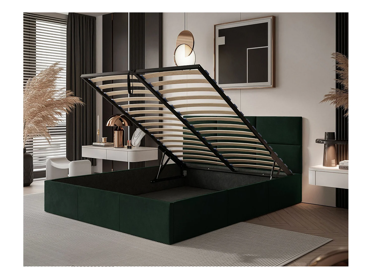 Lit coffre - 180x200 cm - en tissu velours vert foncé - NESTIO