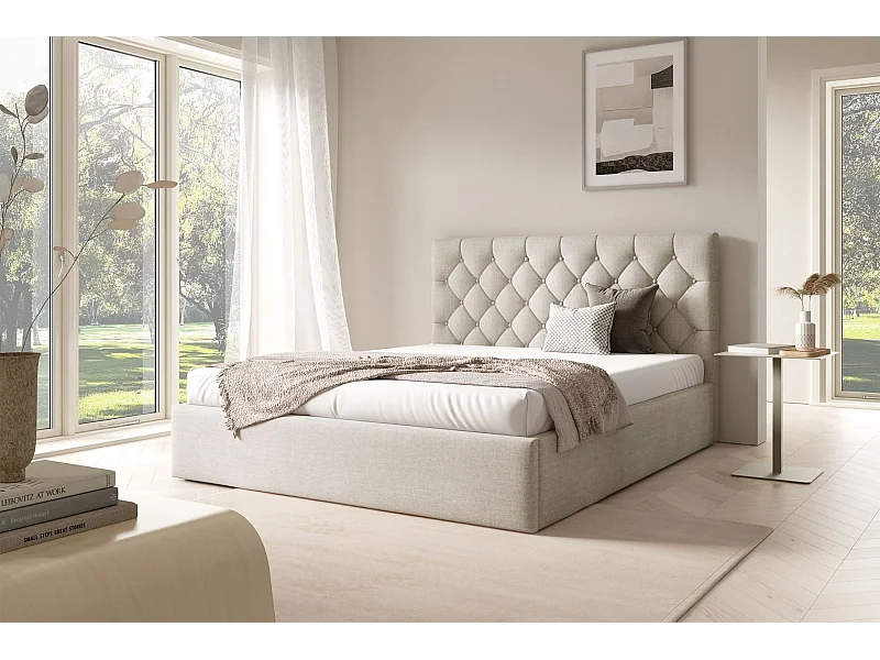 Polsterbett 140x200 - mit Bettkasten und Samtbezug - hellbeige - AUREVIA