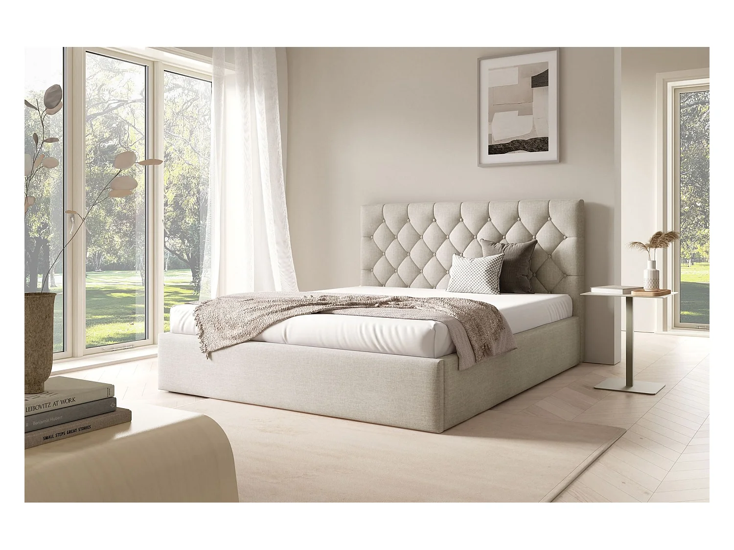 Lit rembourré 140x200 cm - avec coffre - en velours beige clair - AUREVIA