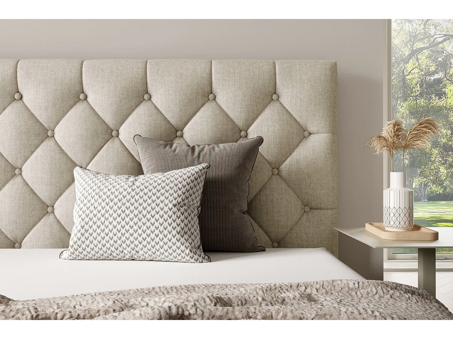 Lit rembourré 140x200 cm - avec coffre - en velours beige clair - AUREVIA