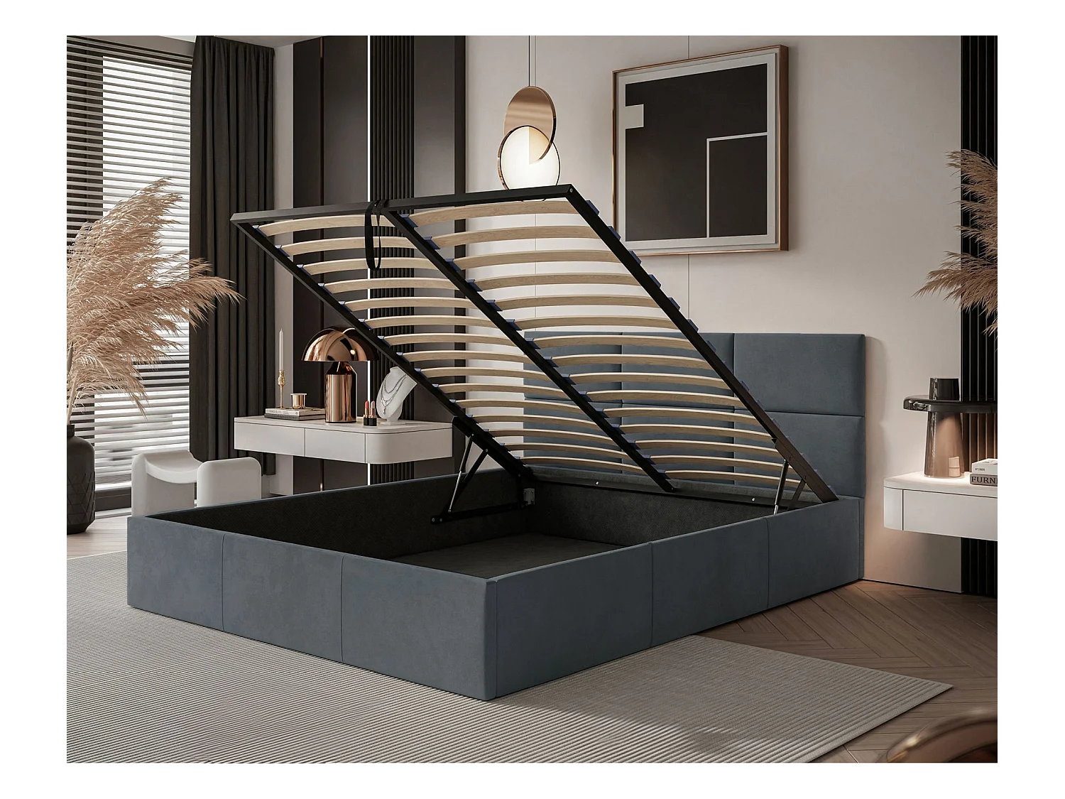 Lit coffre - 180x200 cm - en tissu velours gris foncé - NESTIO