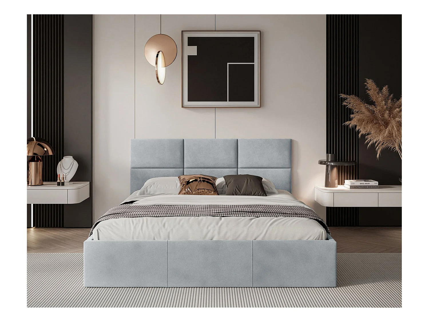 Lit coffre - 160x200 cm - en tissu velours gris clair - NESTIO