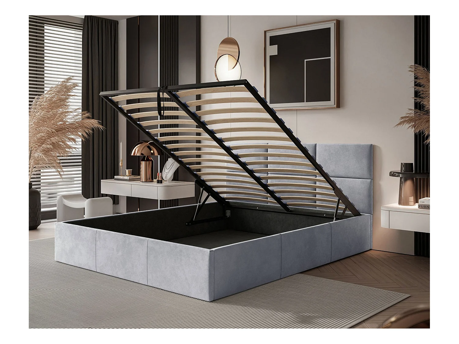 Lit coffre - 160x200 cm - en tissu velours gris clair - NESTIO