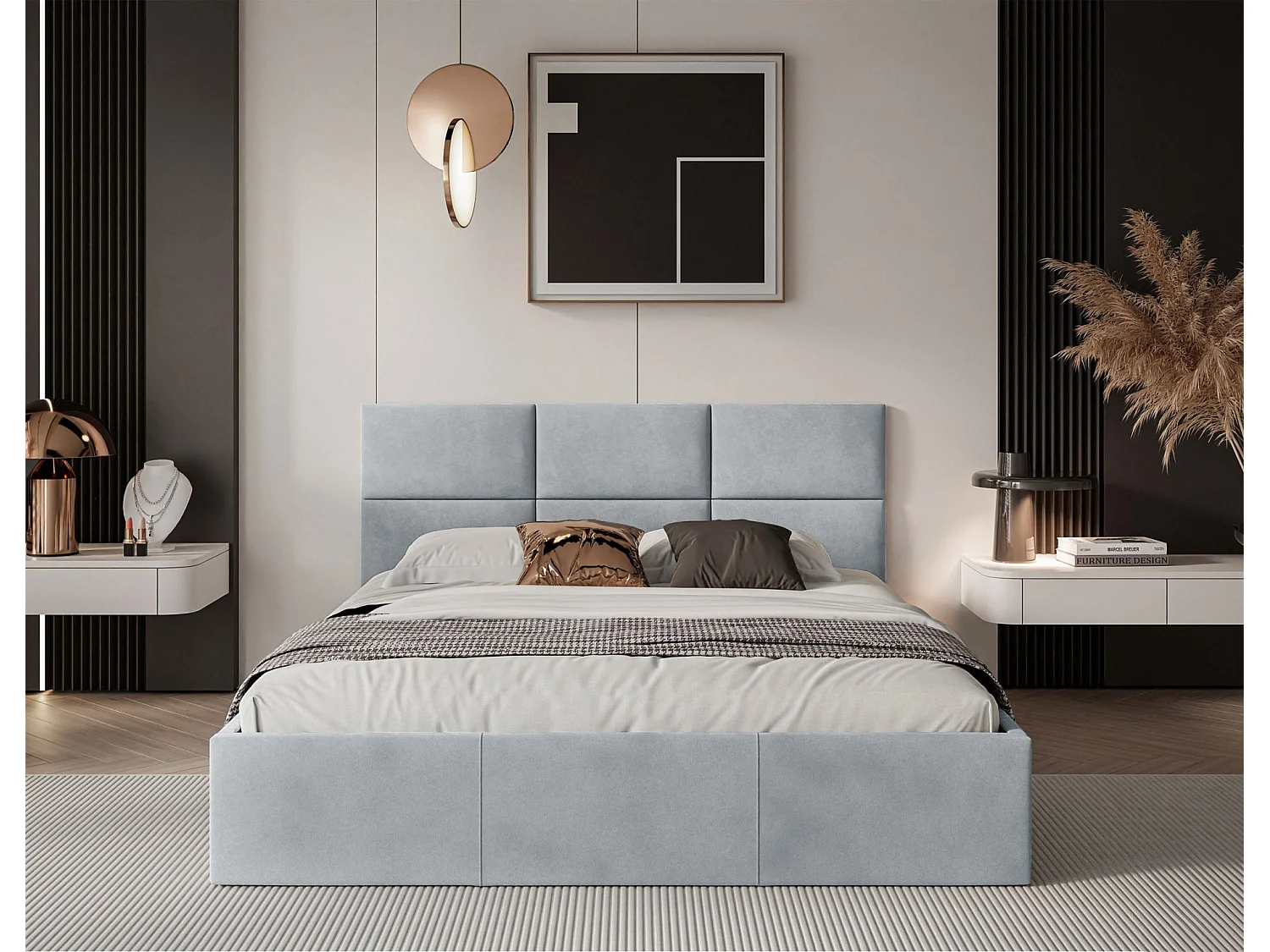 Lit coffre - 160x200 cm - en tissu velours gris clair - NESTIO