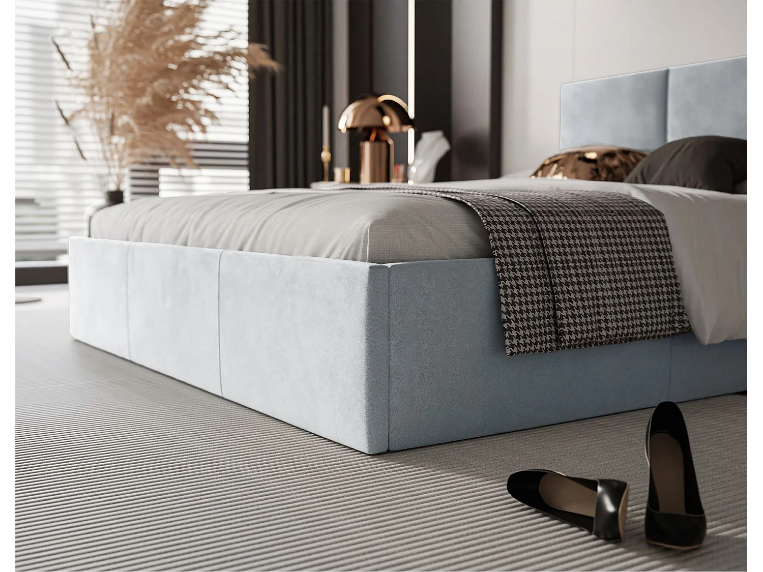 Lit coffre - 160x200 cm - en tissu velours gris clair - NESTIO