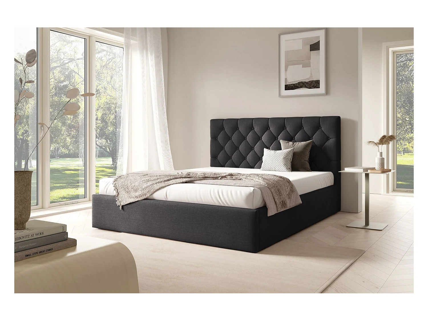 Lit rembourré 180x200 cm - avec coffre - en velours gris graphite - AUREVIA