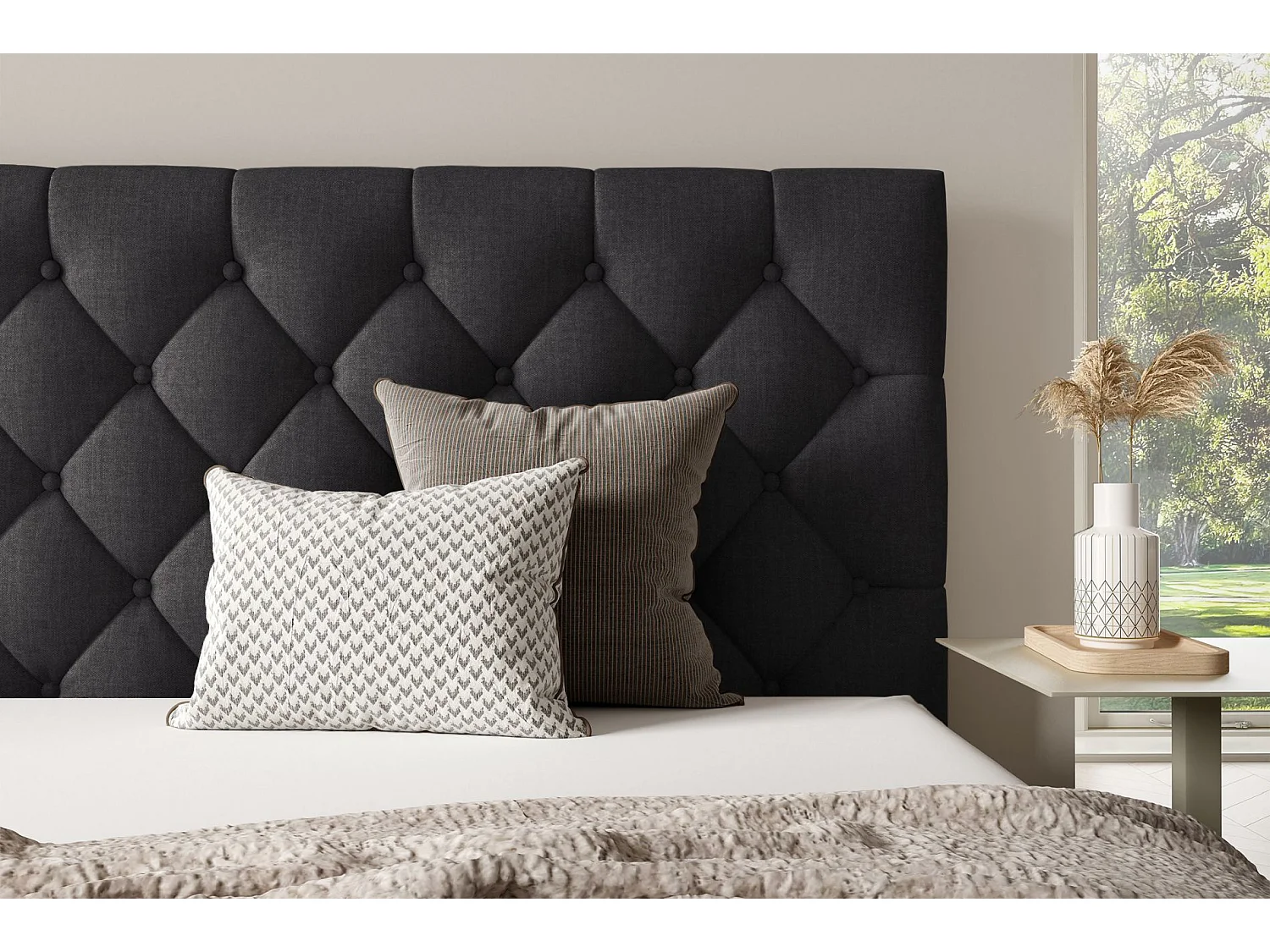 Lit rembourré 180x200 cm - avec coffre - en velours gris graphite - AUREVIA