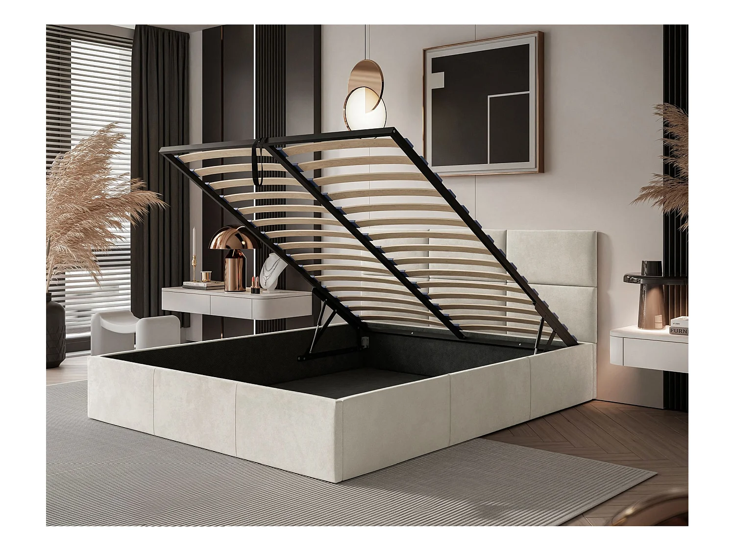 Opbergbed - 160x200 cm - in crèmekleurige fluwelen stof - NESTIO