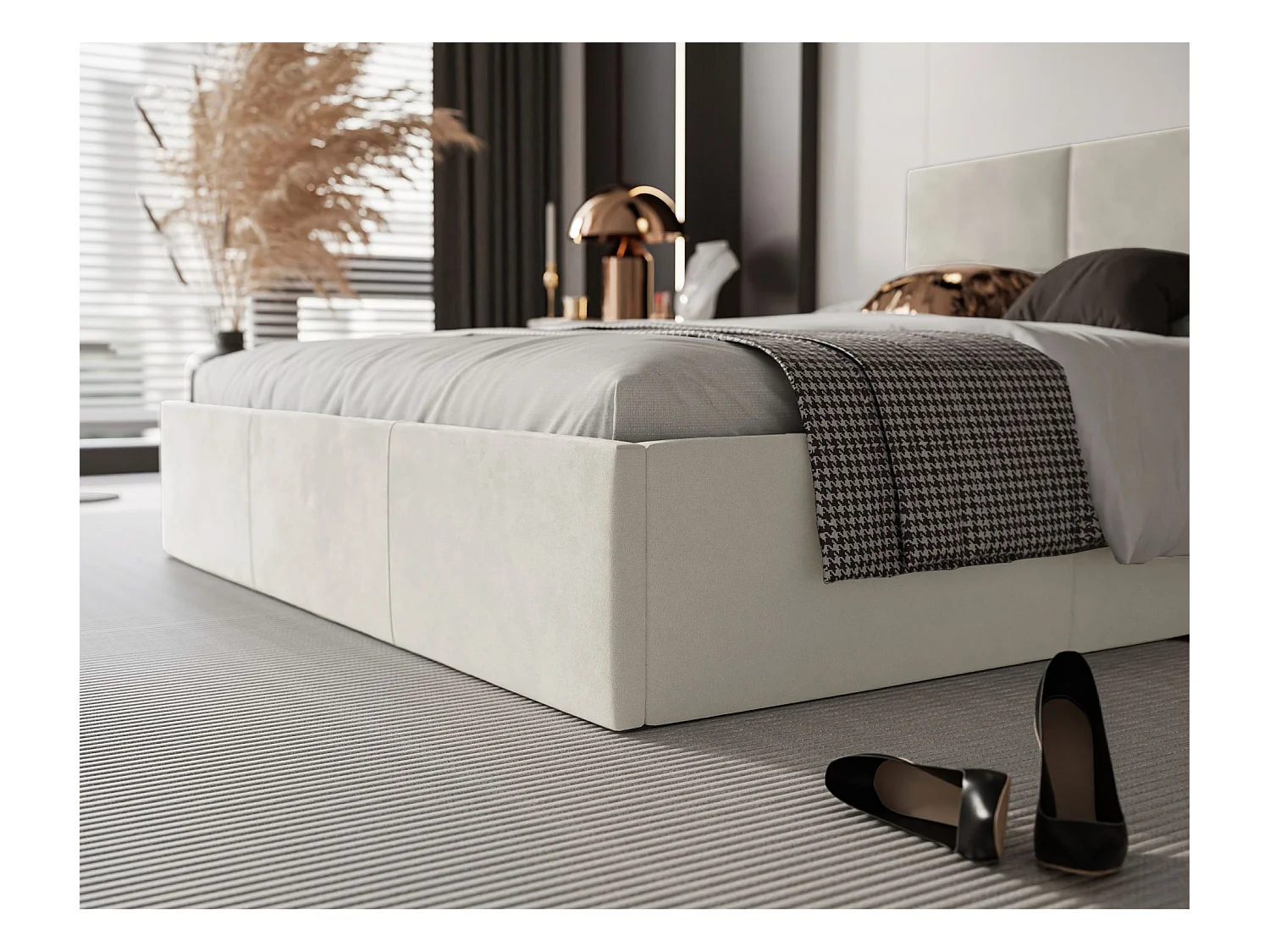 Opbergbed - 160x200 cm - in crèmekleurige fluwelen stof - NESTIO