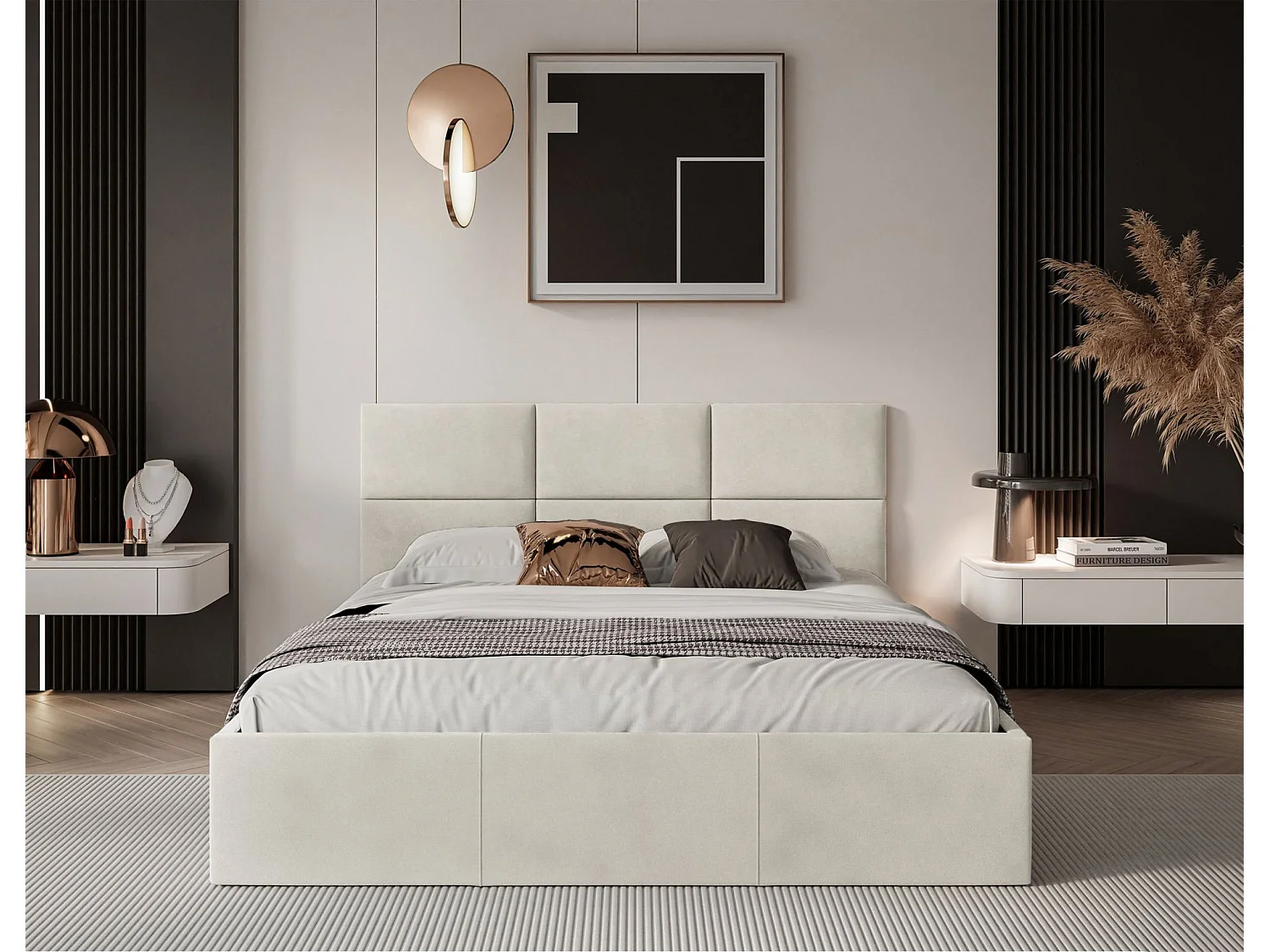 Lit coffre - 160x200 cm - en tissu velours crème - NESTIO