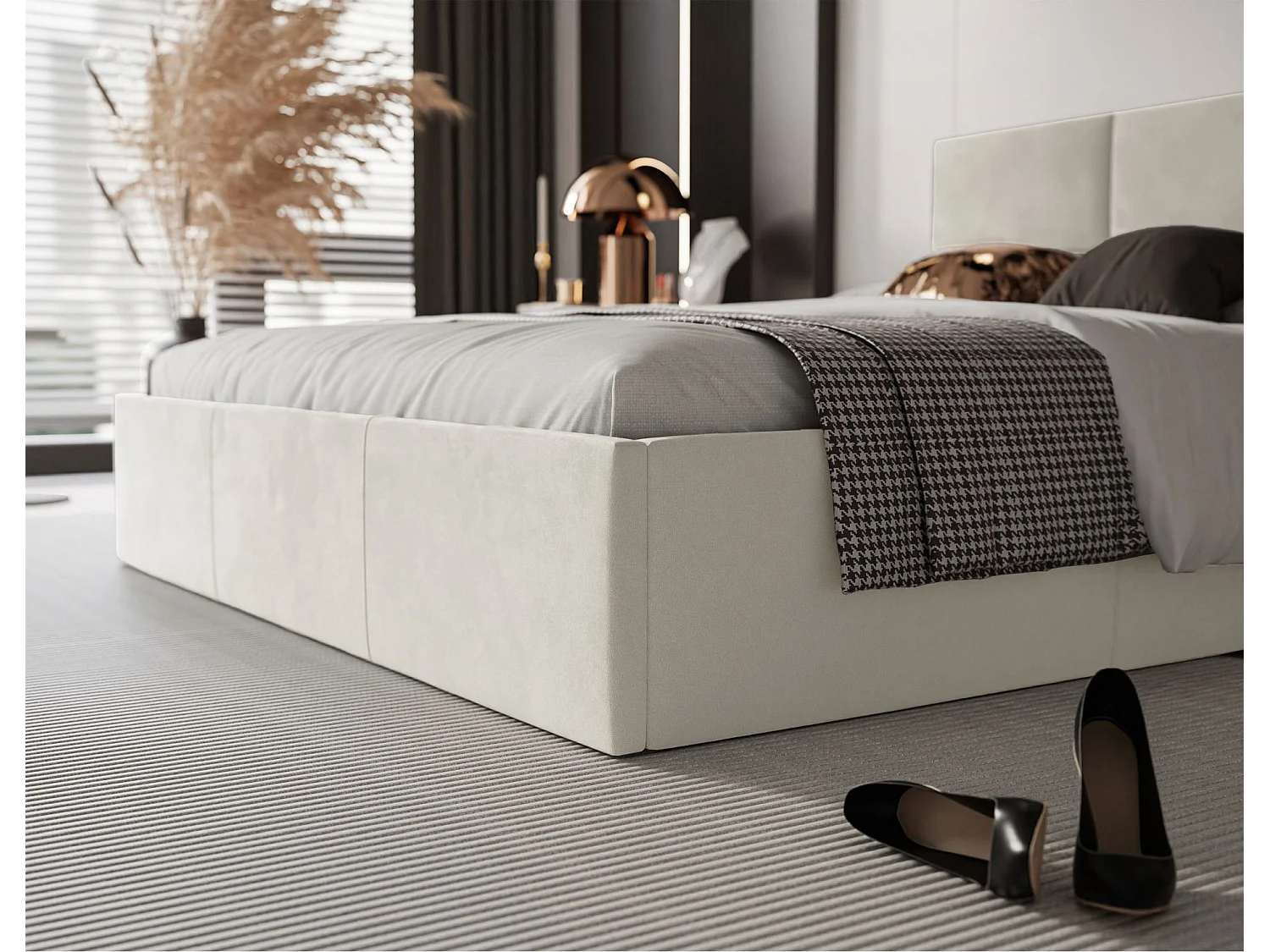 Lit coffre - 160x200 cm - en tissu velours crème - NESTIO