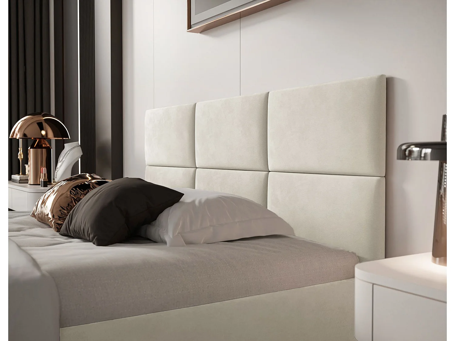 Lit coffre - 160x200 cm - en tissu velours crème - NESTIO