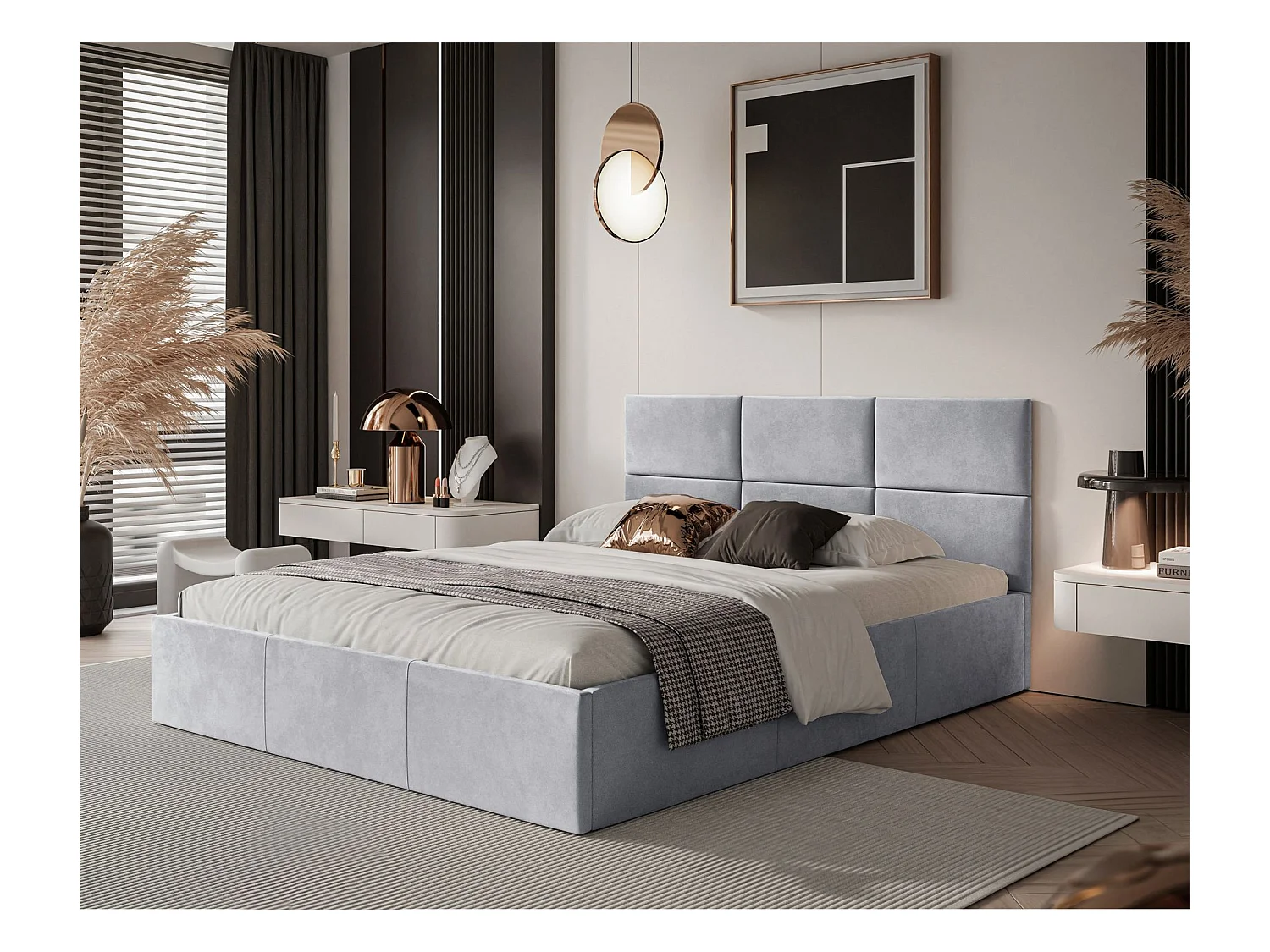 Lit coffre - 180x200 cm - en tissu velours gris clair - NESTIO