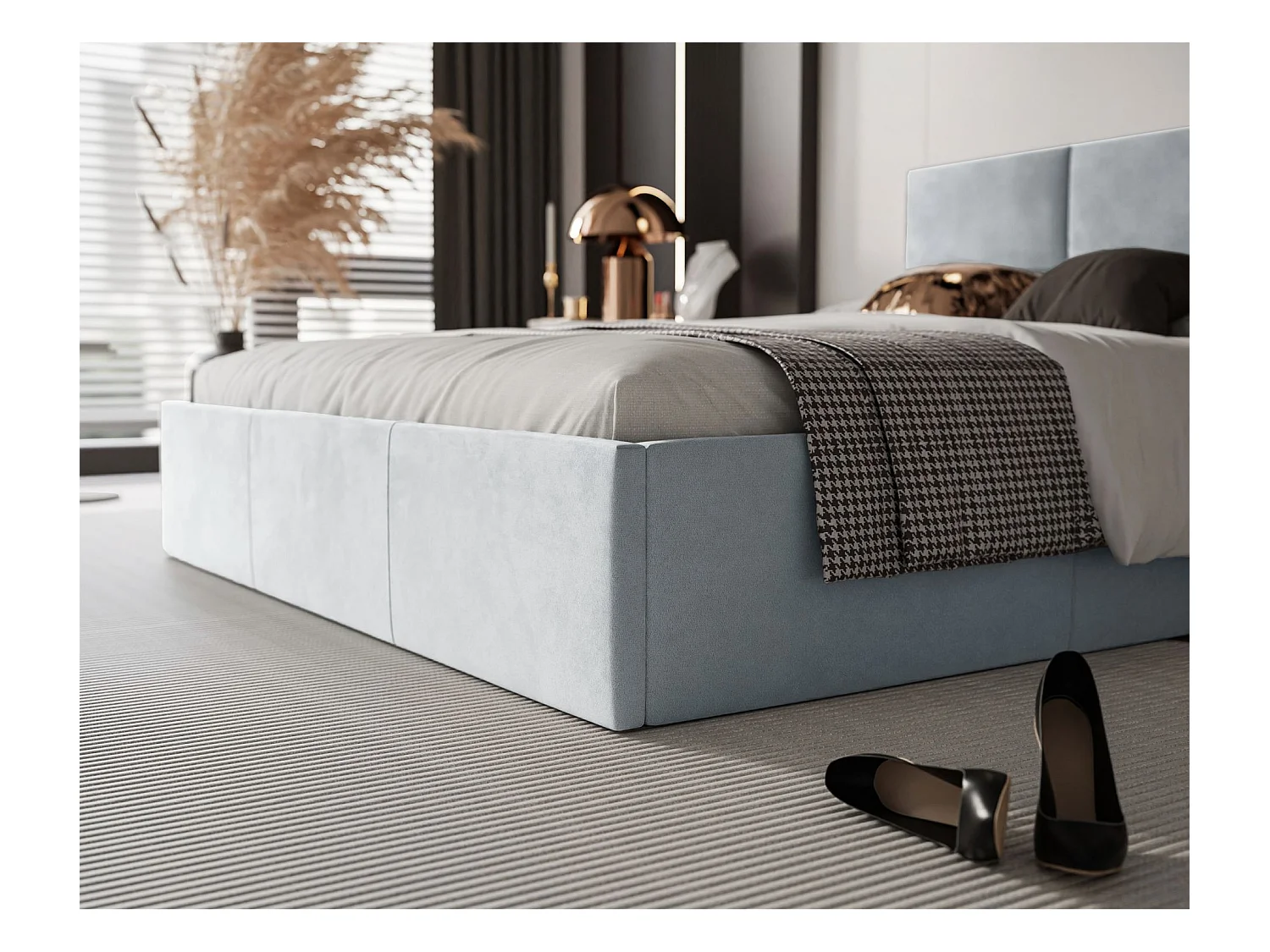 Lit coffre - 180x200 cm - en tissu velours gris clair - NESTIO