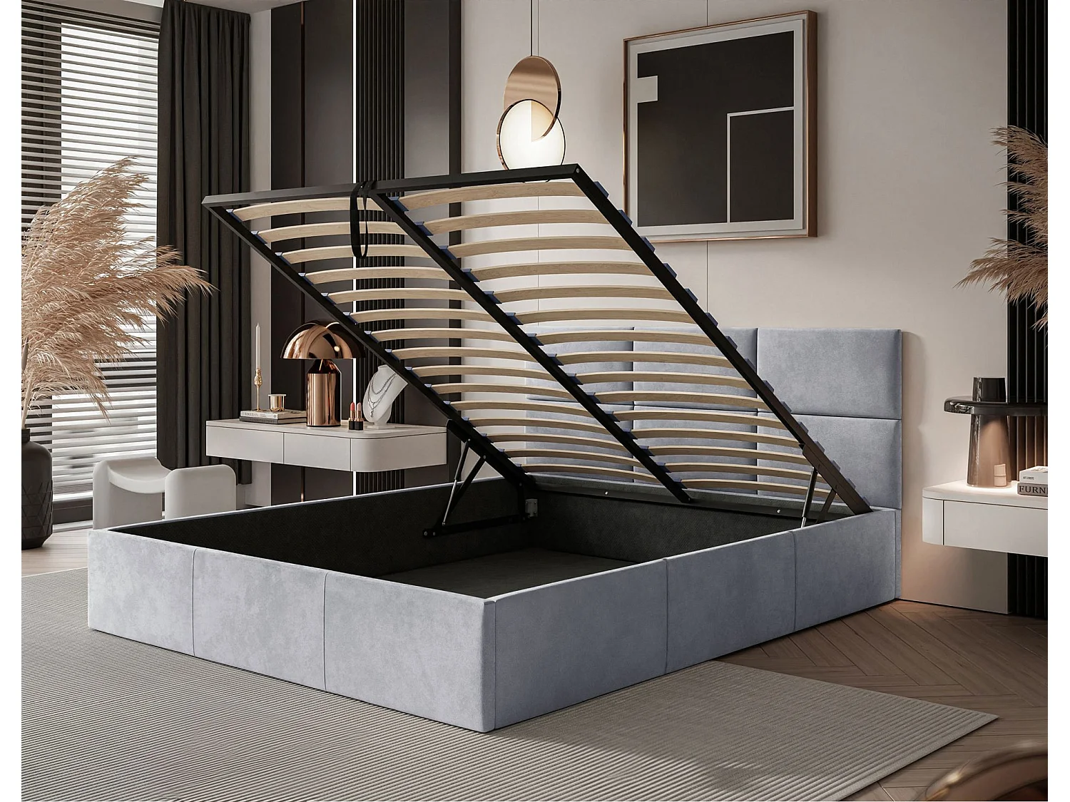 Lit coffre - 180x200 cm - en tissu velours gris clair - NESTIO