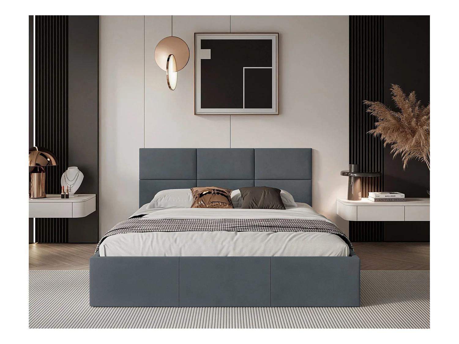 Lit coffre - 140x200 cm - en tissu velours gris foncé - NESTIO