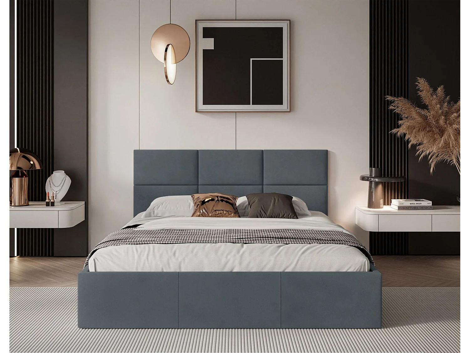 Lit coffre - 140x200 cm - en tissu velours gris foncé - NESTIO