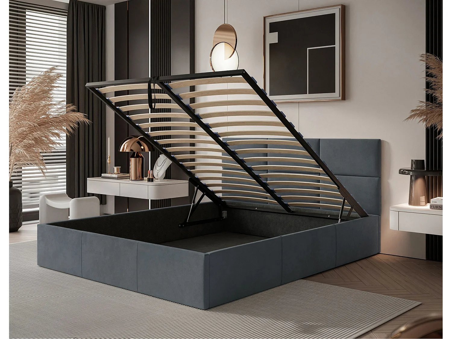 Lit coffre - 140x200 cm - en tissu velours gris foncé - NESTIO