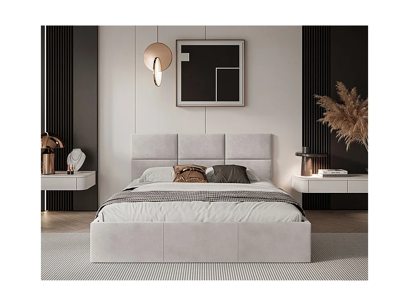 Polsterbett 140x200 - Bettkasten - Samtbezug - hellbeige - NESTIO
