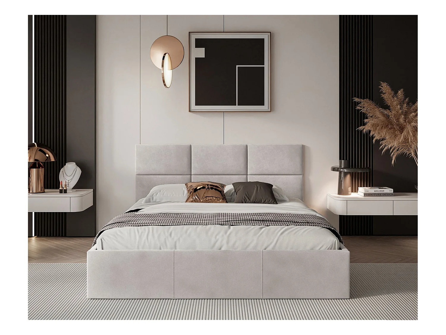 Lit coffre - 140x200 cm - en tissu velours beige clair - NESTIO