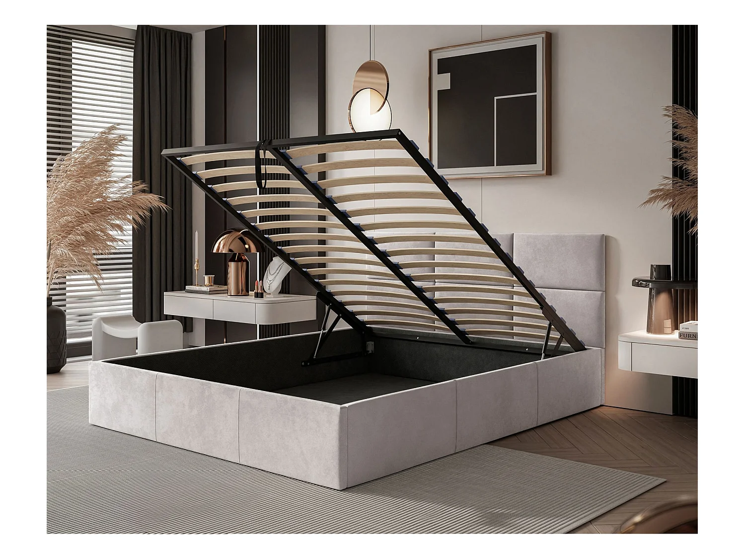 Lit coffre - 140x200 cm - en tissu velours beige clair - NESTIO