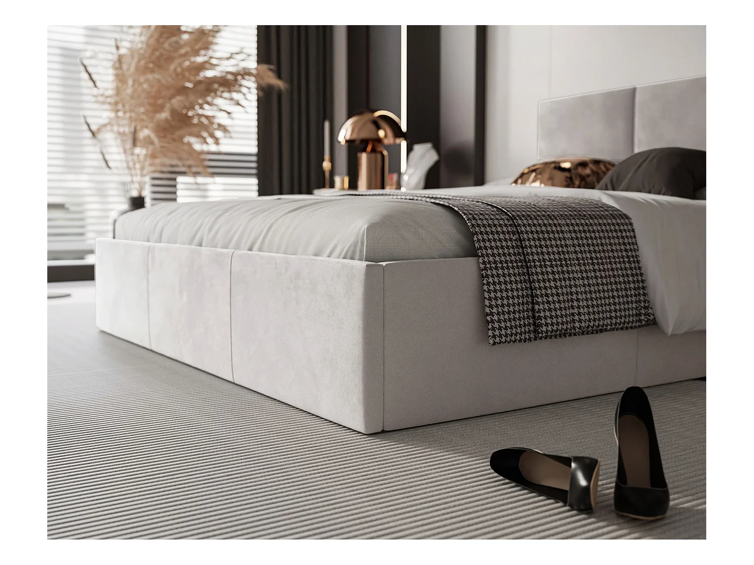 Lit coffre - 140x200 cm - en tissu velours beige clair - NESTIO