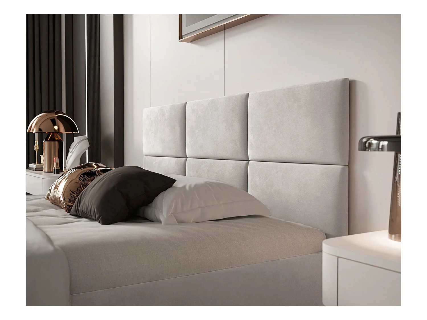 Lit coffre - 140x200 cm - en tissu velours beige clair - NESTIO