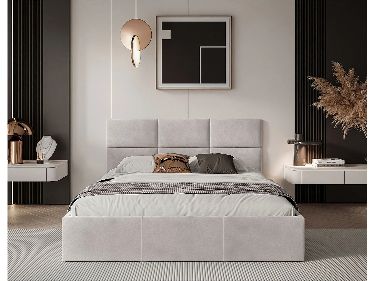 Lit coffre - 140x200 cm - en tissu velours beige clair - NESTIO