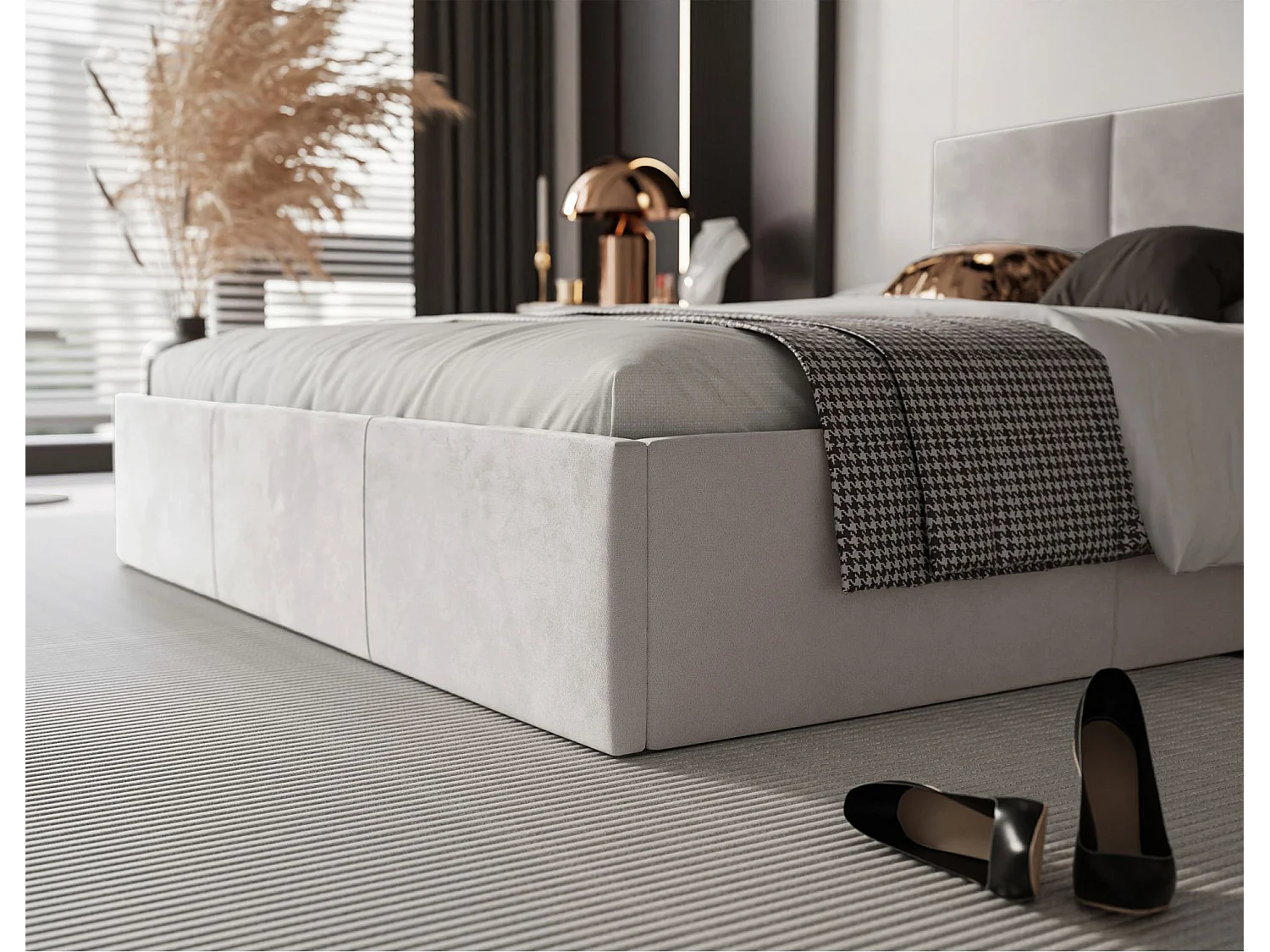 Lit coffre - 140x200 cm - en tissu velours beige clair - NESTIO