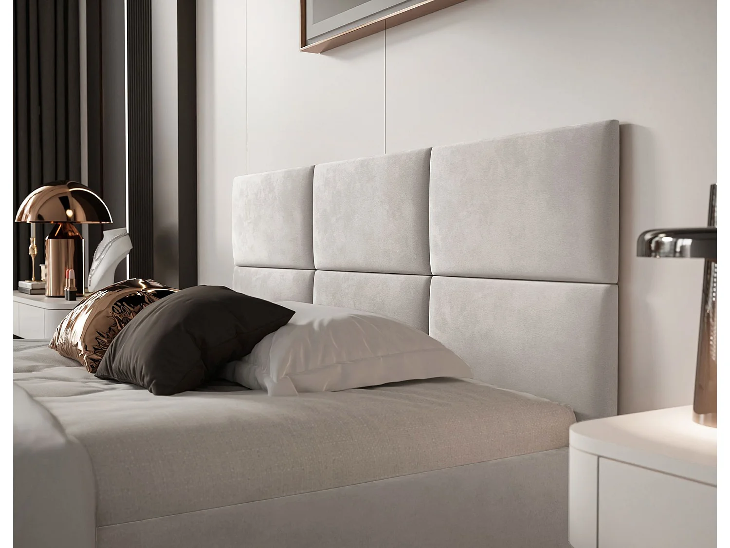 Lit coffre - 140x200 cm - en tissu velours beige clair - NESTIO