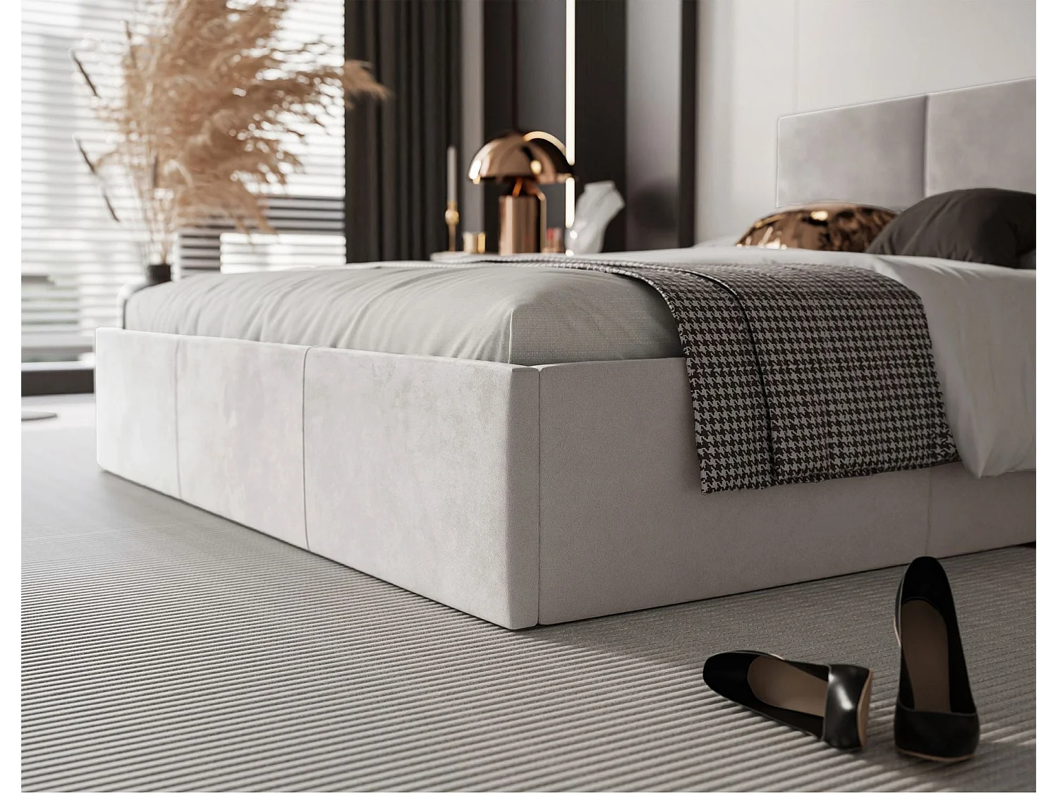 Lit coffre - 140x200 cm - en tissu velours beige clair - NESTIO