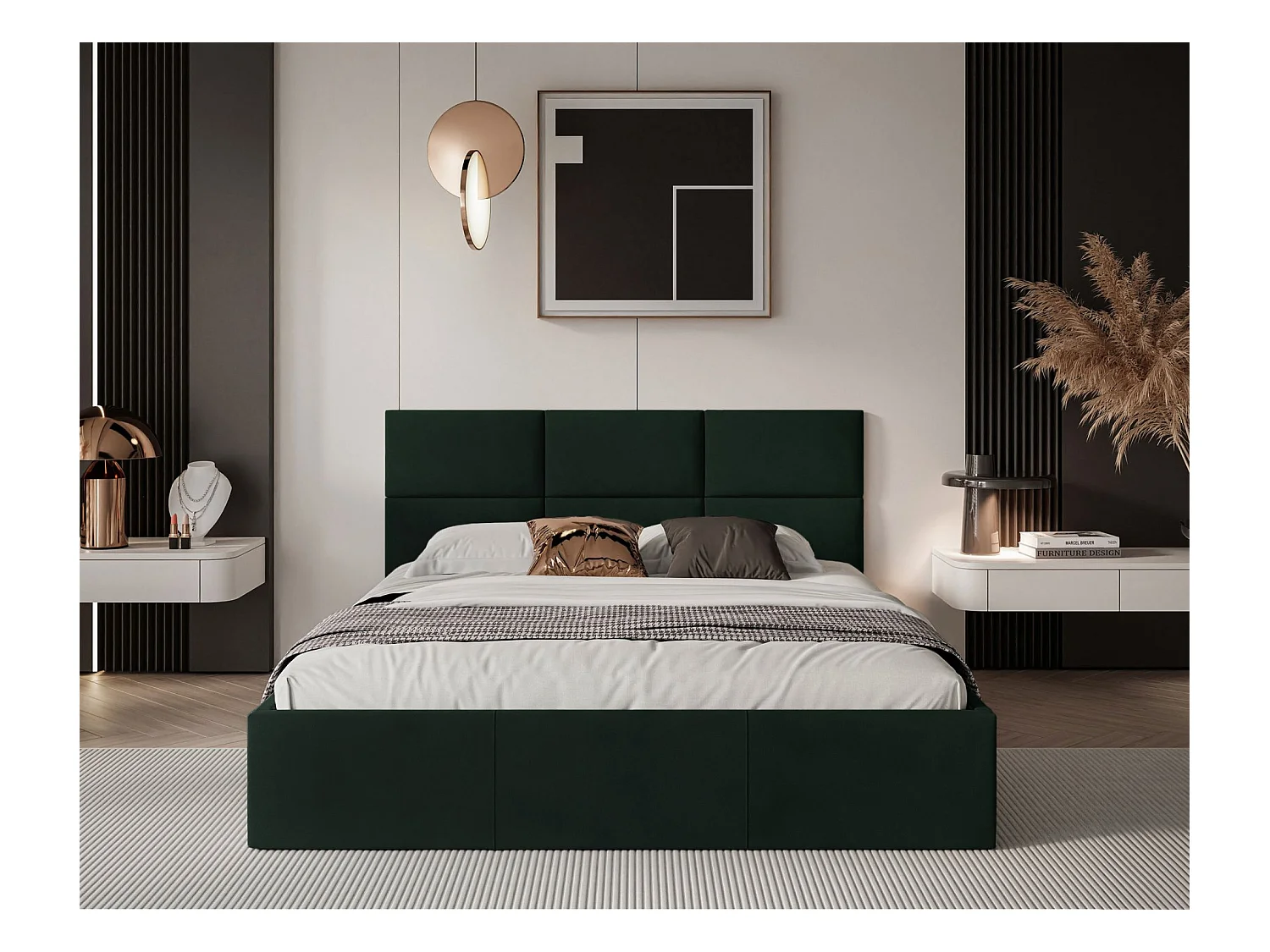 Lit coffre - 140x200 cm - en tissu velours vert foncé - NESTIO