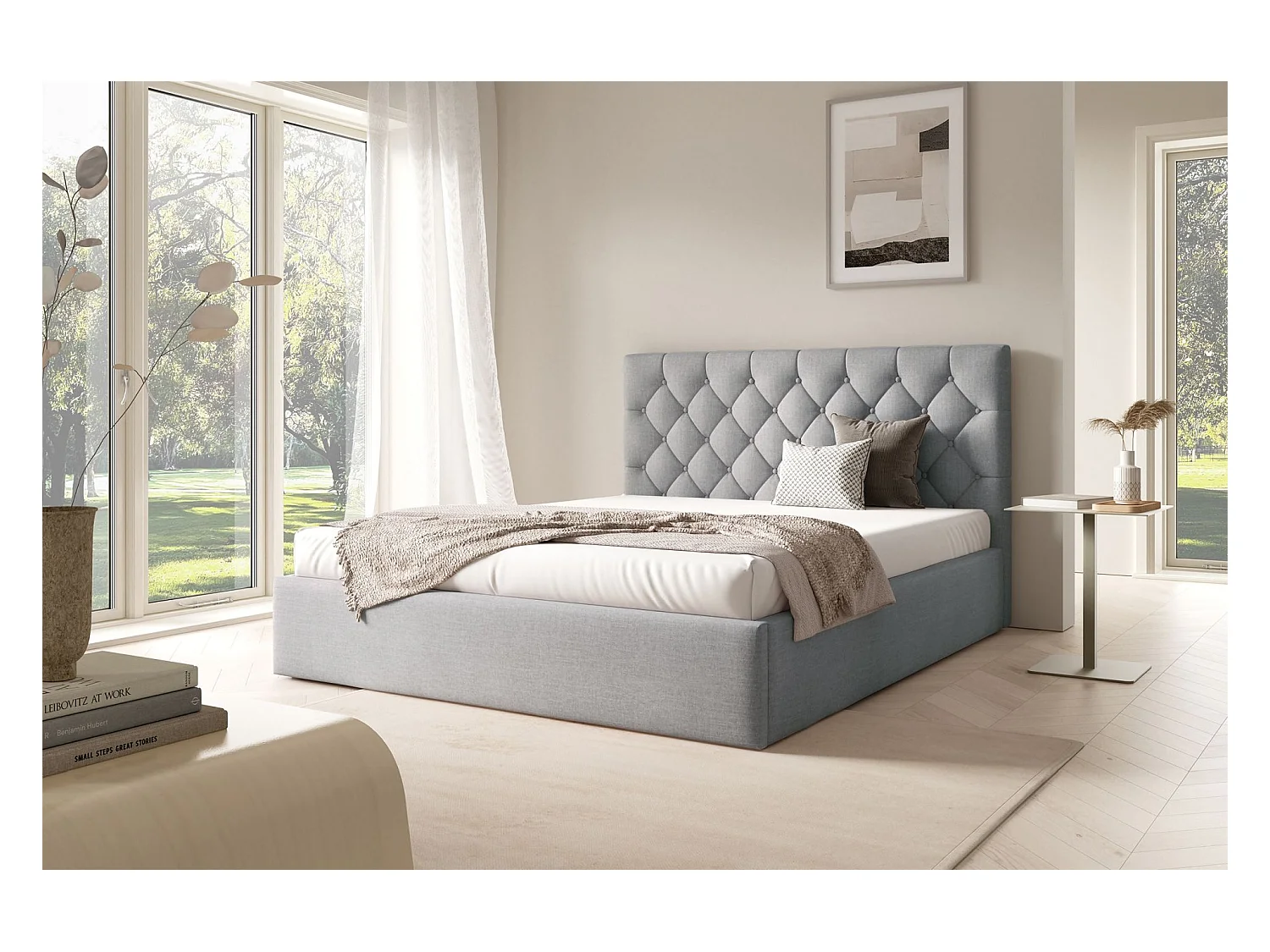 Lit rembourré 180x200 cm - avec coffre - en velours gris clair - AUREVIA