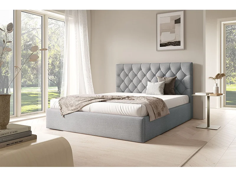 Lit rembourré 160x200 cm - avec coffre - en velours gris clair - AUREVIA