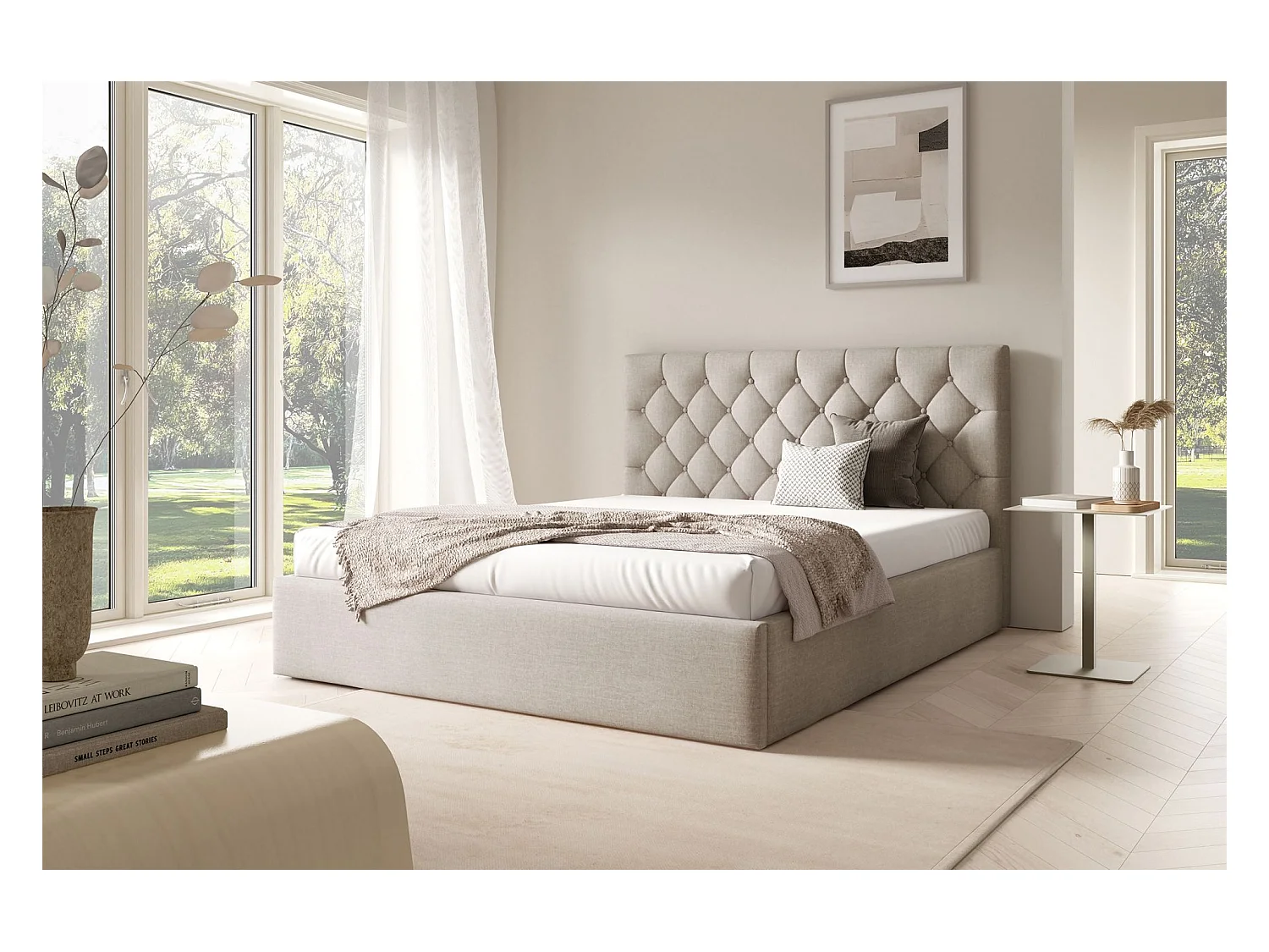 Lit rembourré 140x200 cm - avec coffre - en velours beige - AUREVIA