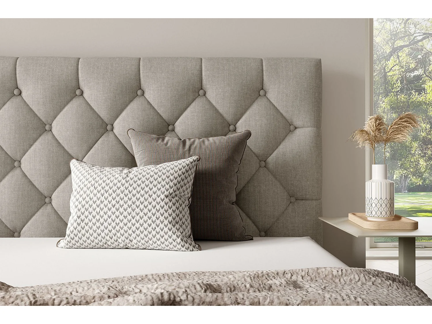 Lit rembourré 140x200 cm - avec coffre - en velours beige - AUREVIA