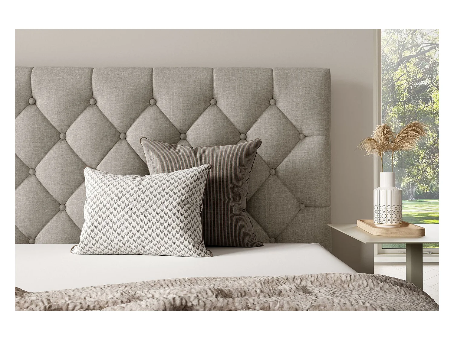 Lit rembourré 160x200 cm - avec coffre - en velours beige - AUREVIA