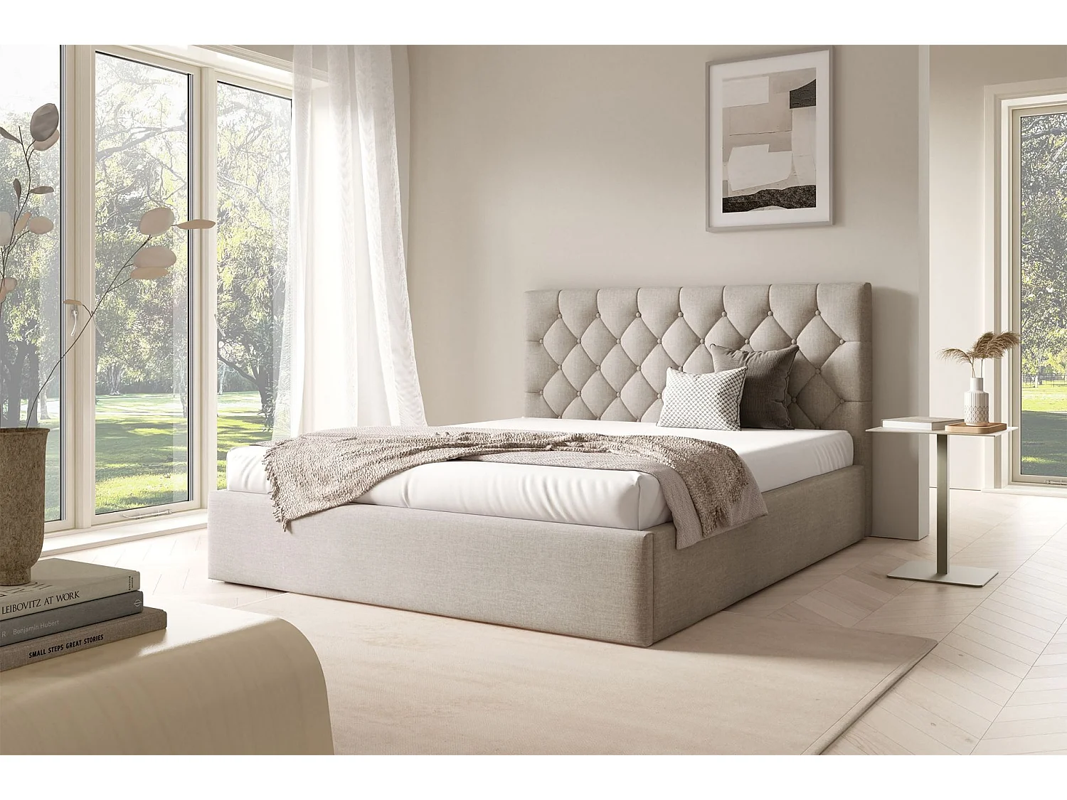 Lit rembourré 160x200 cm - avec coffre - en velours beige - AUREVIA