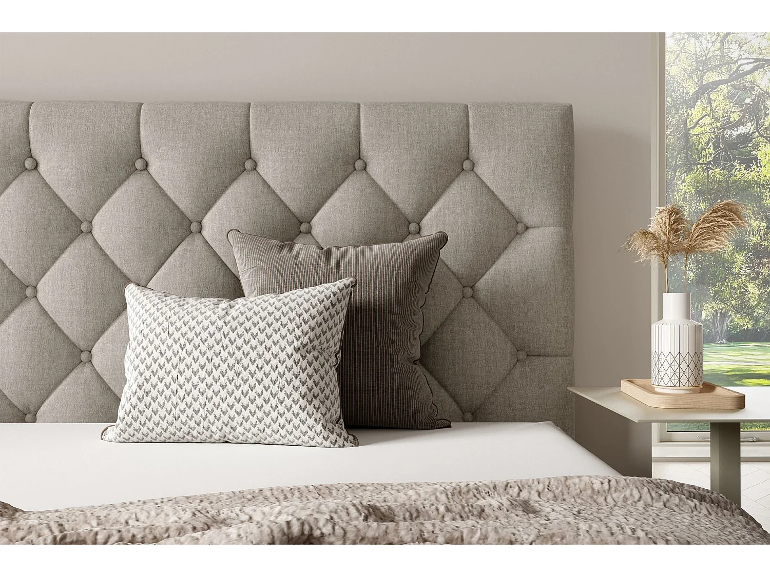 Gestoffeerd bed 160x200 cm - met opbergruimte - in beige fluweel - AUREVIA