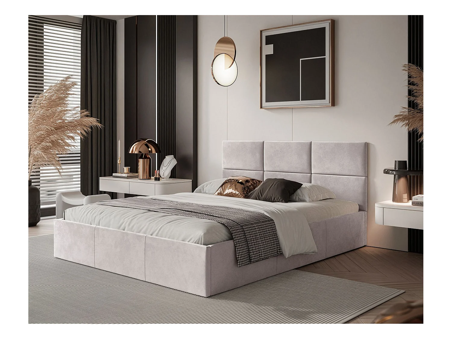 Lit coffre - 180x200 cm - en tissu velours beige clair - NESTIO