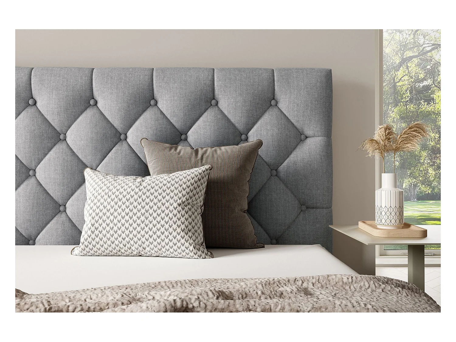 Lit rembourré 140x200 cm - avec coffre - en velours gris clair - AUREVIA