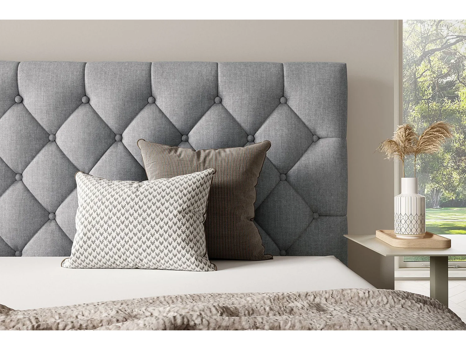 Lit rembourré 140x200 cm - avec coffre - en velours gris clair - AUREVIA